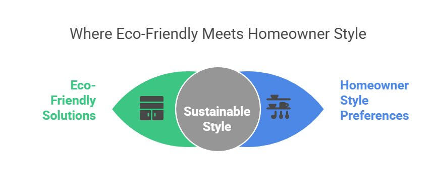 A text and color icon infographic for Eco-Friendly Options kitchen remodeling.