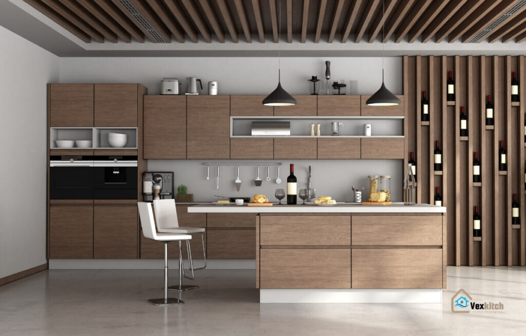 A wooden kitchen style with wall and countertop.