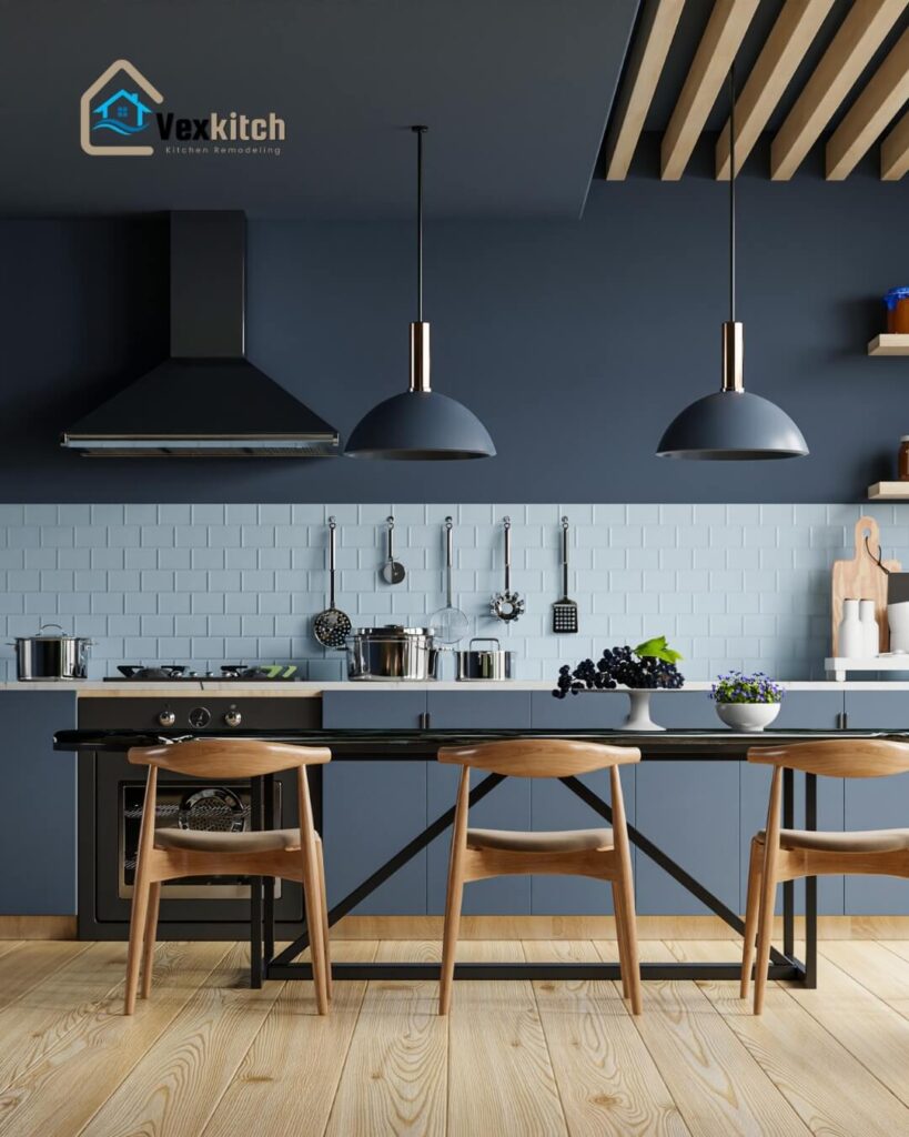 A modern kitchen with black design