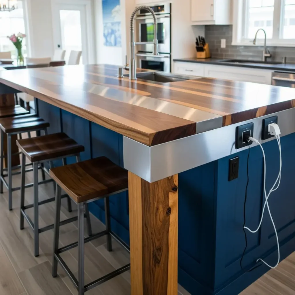A custom kitchen island with a modern coastal aesthetic, featuring a waterfall countertop, mixed wood and steel materials, bold navy blue color, reclaimed wood accents, and energy-efficient charging stations.