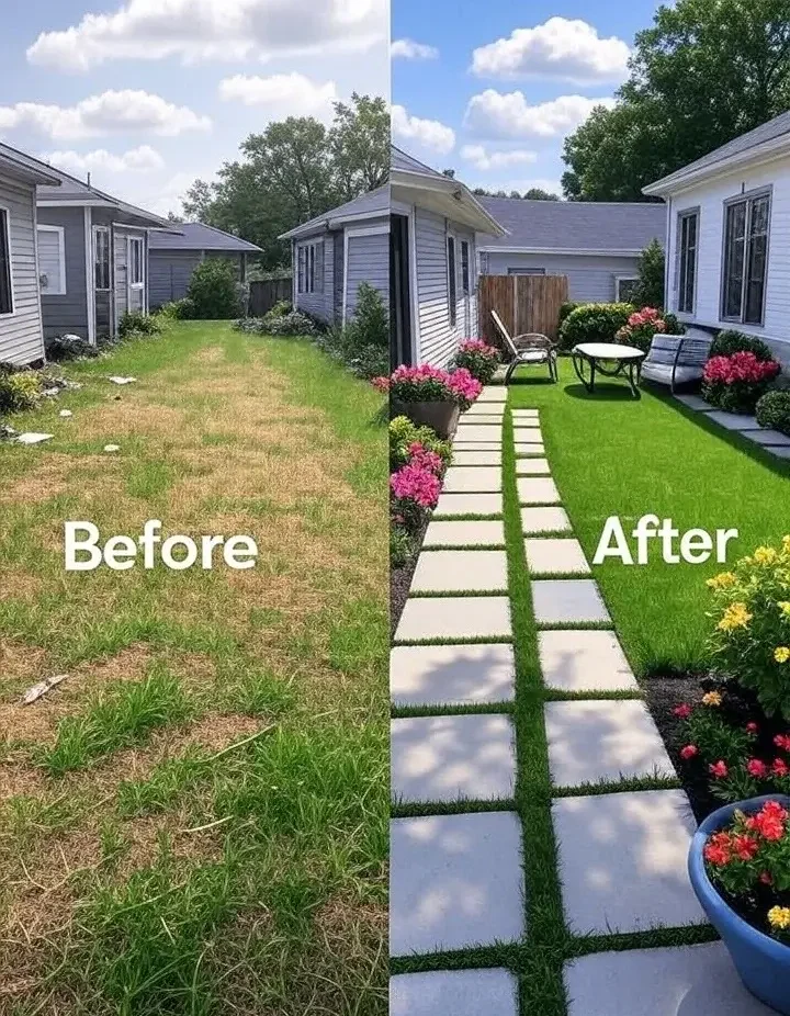 Side-by-side image showing a backyard transformation. The left side displays a neglected space with patchy grass and debris, labeled "Before."