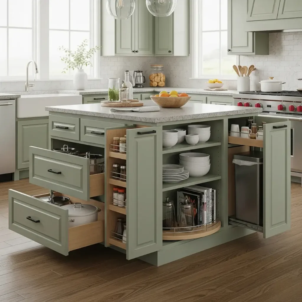 A custom kitchen island in a modern Chula Vista kitchen, designed for smart storage with deep drawers, hidden appliances, and open shelves.