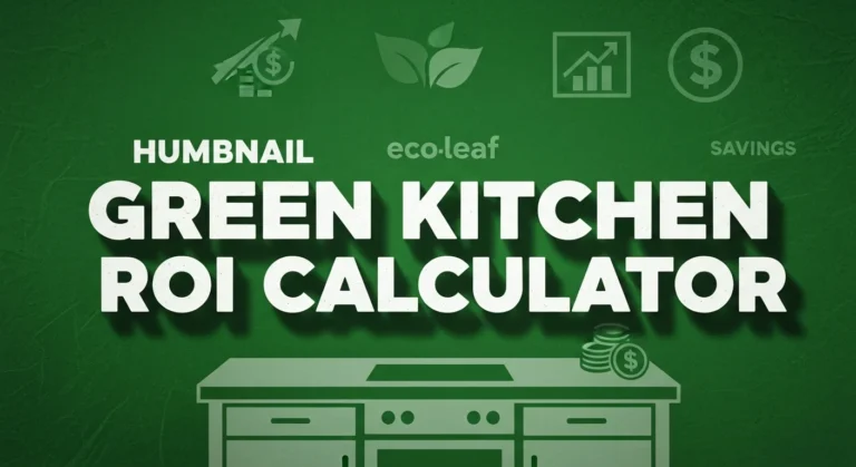 Thumbnail with bold shady text ‘Green Kitchen ROI Calculator’ on green background with eco-leaf and kitchen theme visuals.