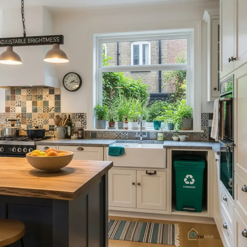 Eco-friendly kitchen with bamboo flooring and energy-efficient appliances.