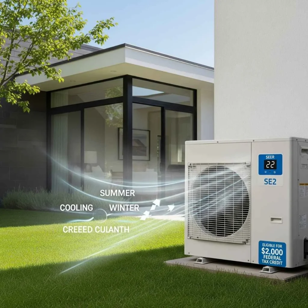 A modern, energy-efficient heat pump unit installed outside a stylish,