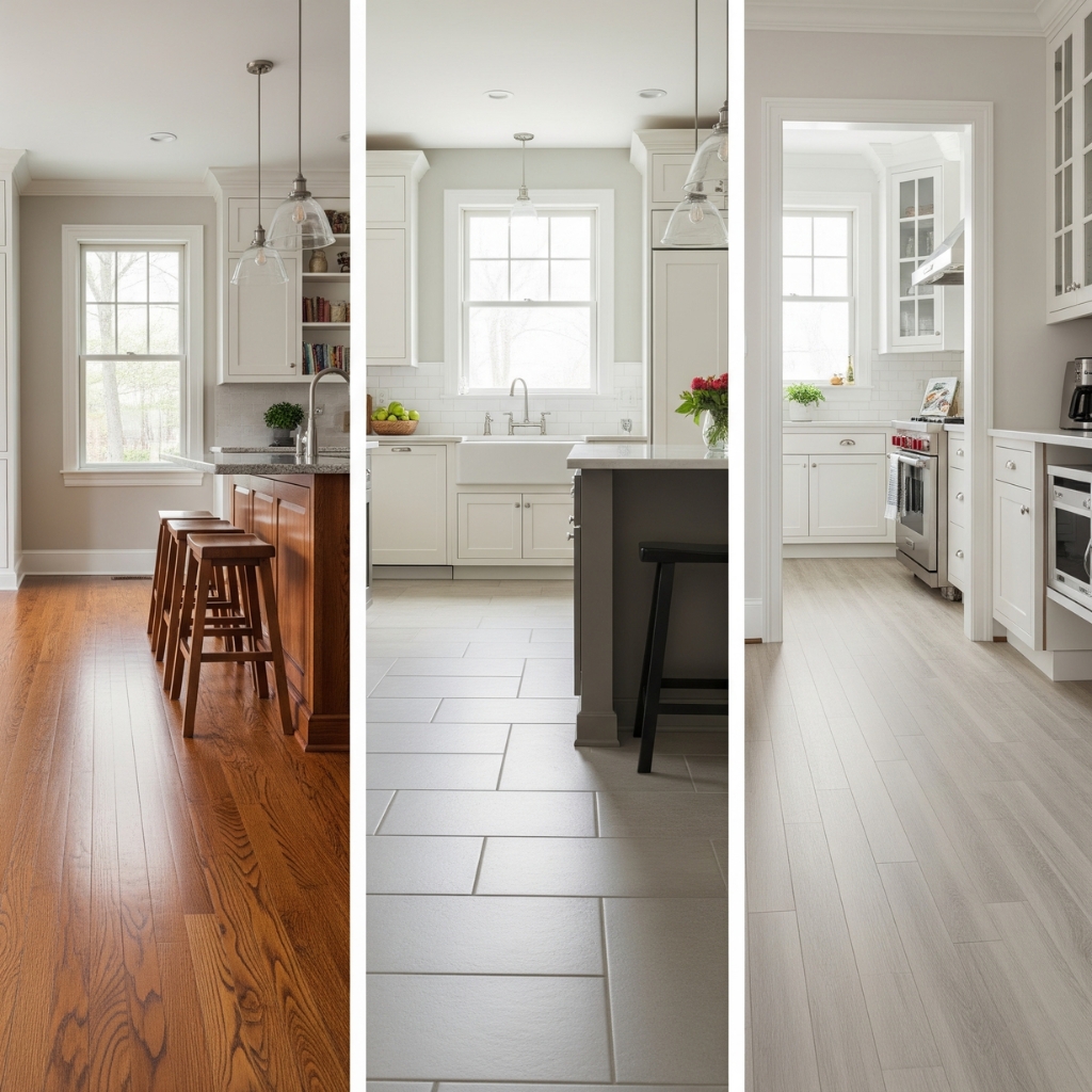 Hardwood, tile, and vinyl flooring samples side by side in a bright kitchen