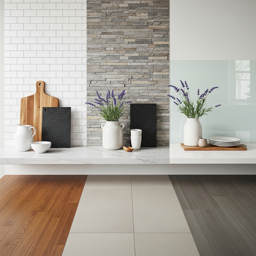 White tile, natural stone, and sleek glass backsplash designs in a modern kitchen