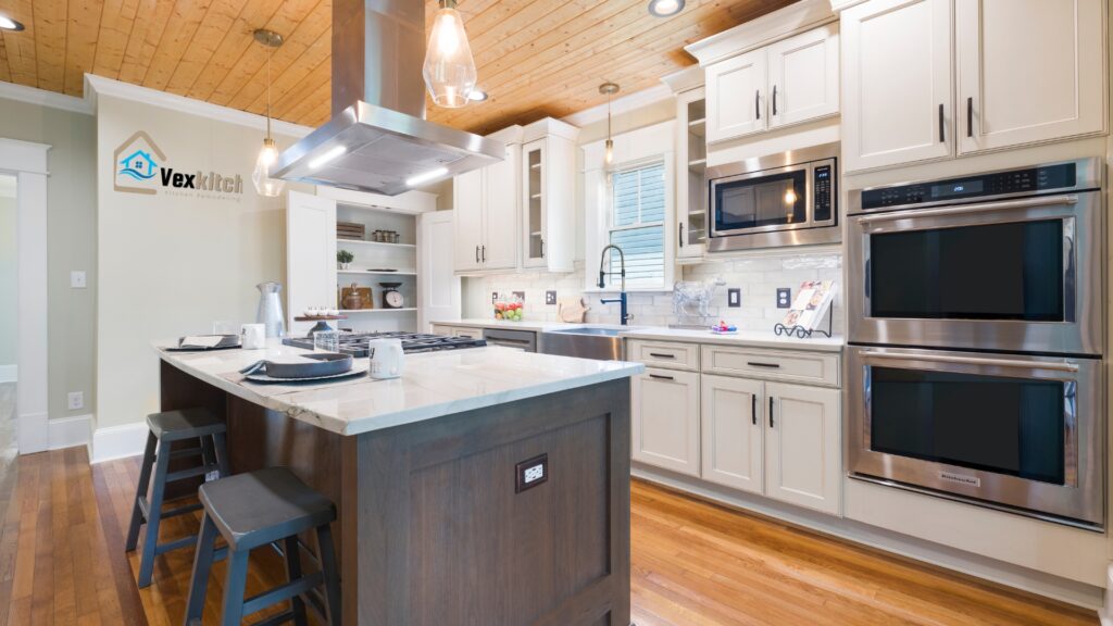 A modern kitchen design with ceiling lights