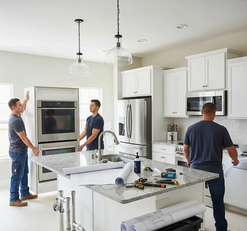 Workers meticulously install modern white cabinetry and stainless steel appliances in a bright, open kitchen. Blueprints, tools, and plumbing materials are neatly organized around them, highlighting a professional and efficient renovation.
