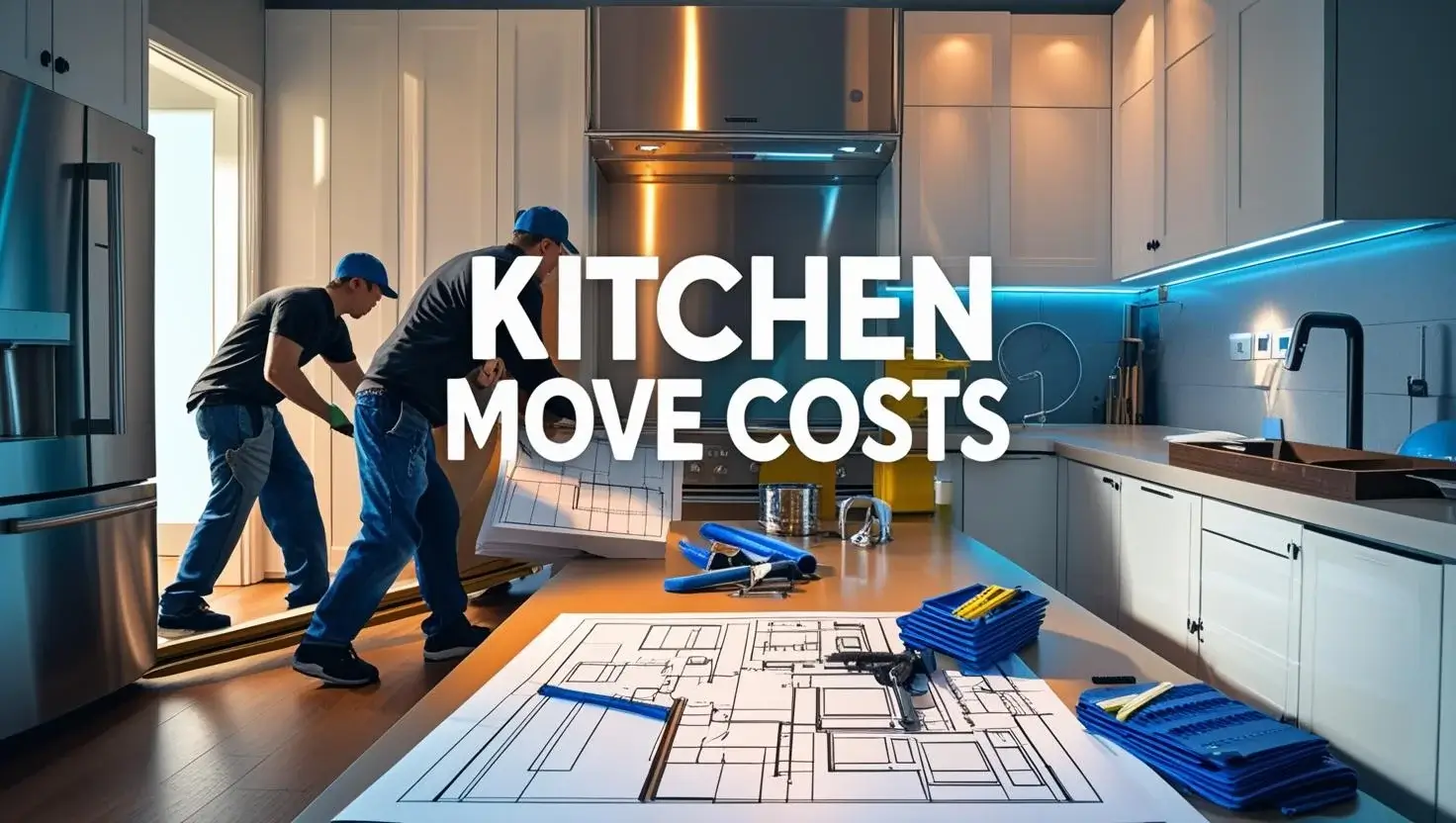 Workers moving a stainless steel fridge and white cabinets in a bright kitchen renovation scene with tools and a blueprint.
