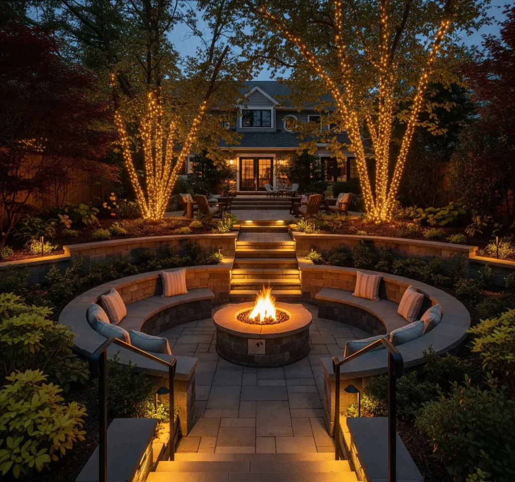 Curved seating around a fire pit with layered evening lighting.