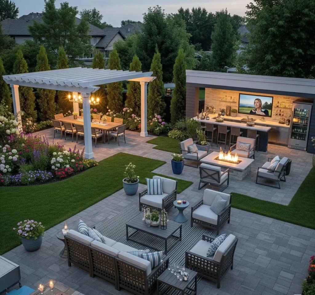Outdoor entertainment wall with built-in TV, speakers, and stone finish.