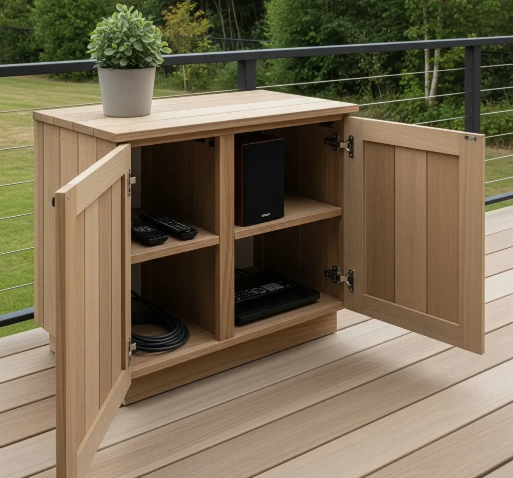 Weatherproof outdoor cabinets with hidden compartments on a modern deck.