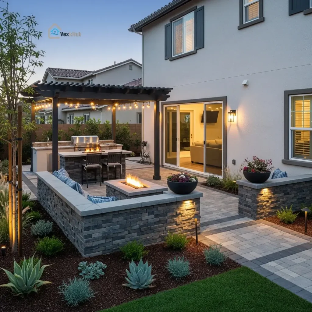 Professionally designed backyard patio in Southern California with modern pavers, a stone retaining wall, a fire pit, drought-tolerant landscaping, and an outdoor kitchen under a pergola.
