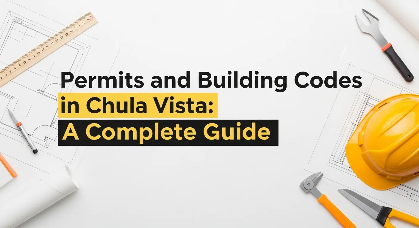 Blog thumbnail showing bold text 'Permits and Building Codes in Chula Vista: A Complete Guide' with construction blueprint and kitchen remodeling elements in the background.