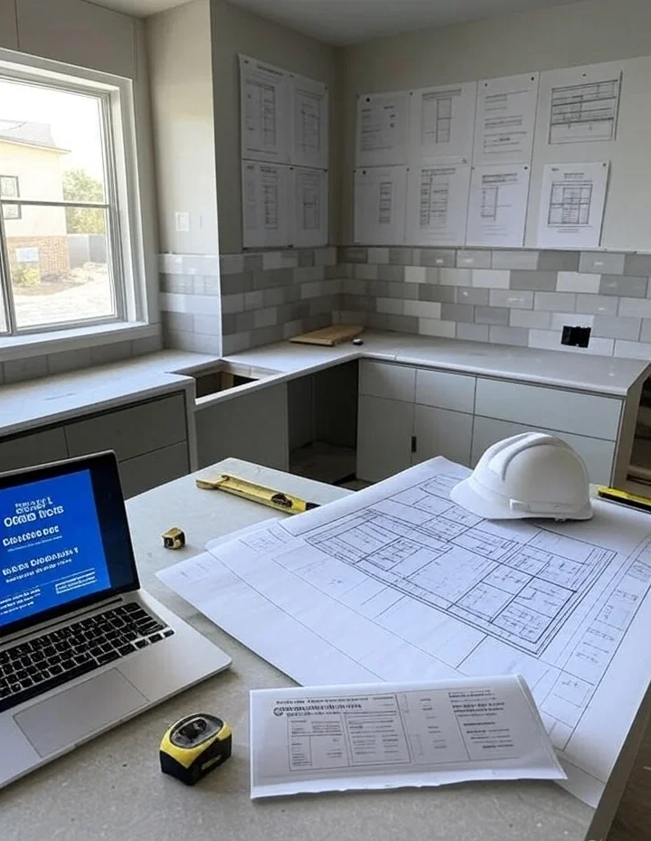 A modern kitchen under construction in Chula Vista with blueprints, a building permit, and a laptop showing Accela Citizen Access on the counter.