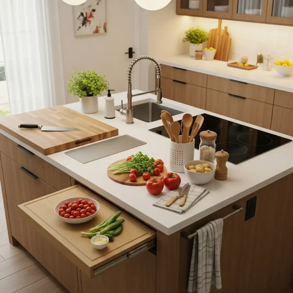 A custom kitchen island designed for efficient meal prep, featuring a butcher block and quartz countertop, a prep sink, and a cooktop in a stylish, light-filled kitchen.