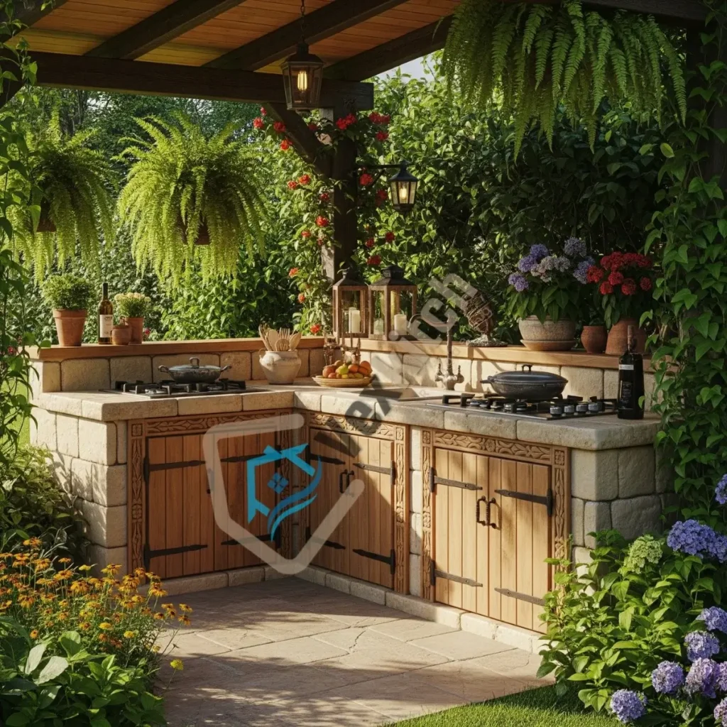 A Rustic Stone with Timber Layouts outdoor kitchen.