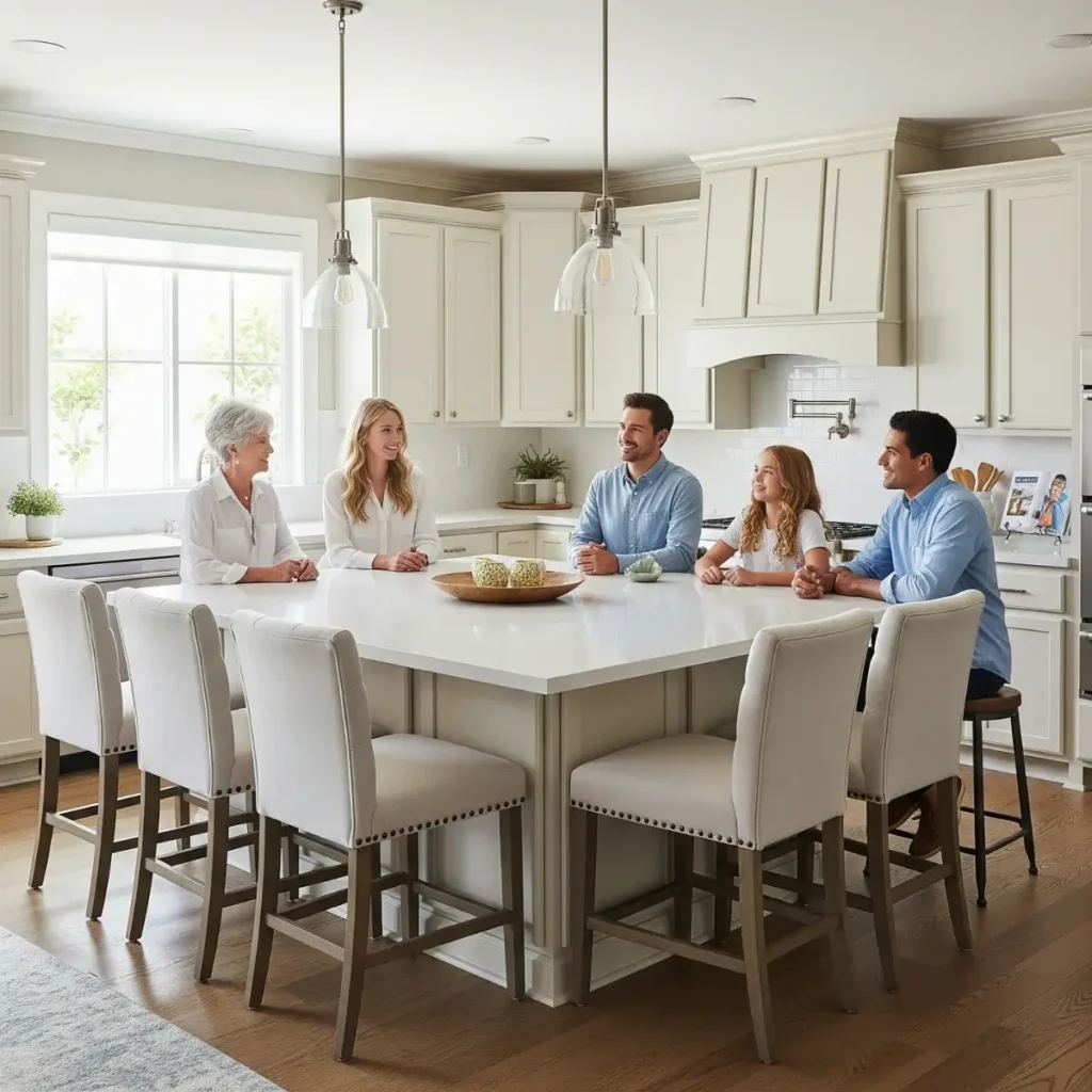 A stylish custom kitchen island in a contemporary Chula Vista home, featuring an L-shaped seating area with a split-level quartz countertop, waterfall edges, and people interacting.