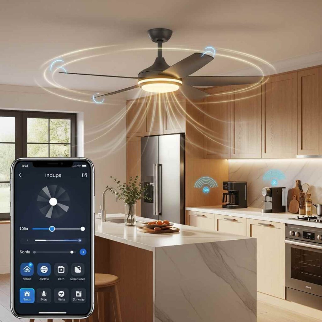 A smart ceiling fan with LED lights spins in a cozy kitchen, controlled by a smartphone app.