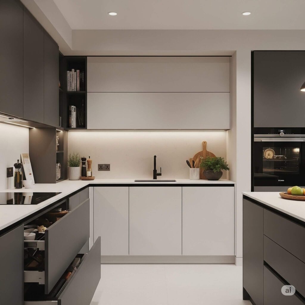 A Two-Tone and Handleless modern Designs for kitchen.