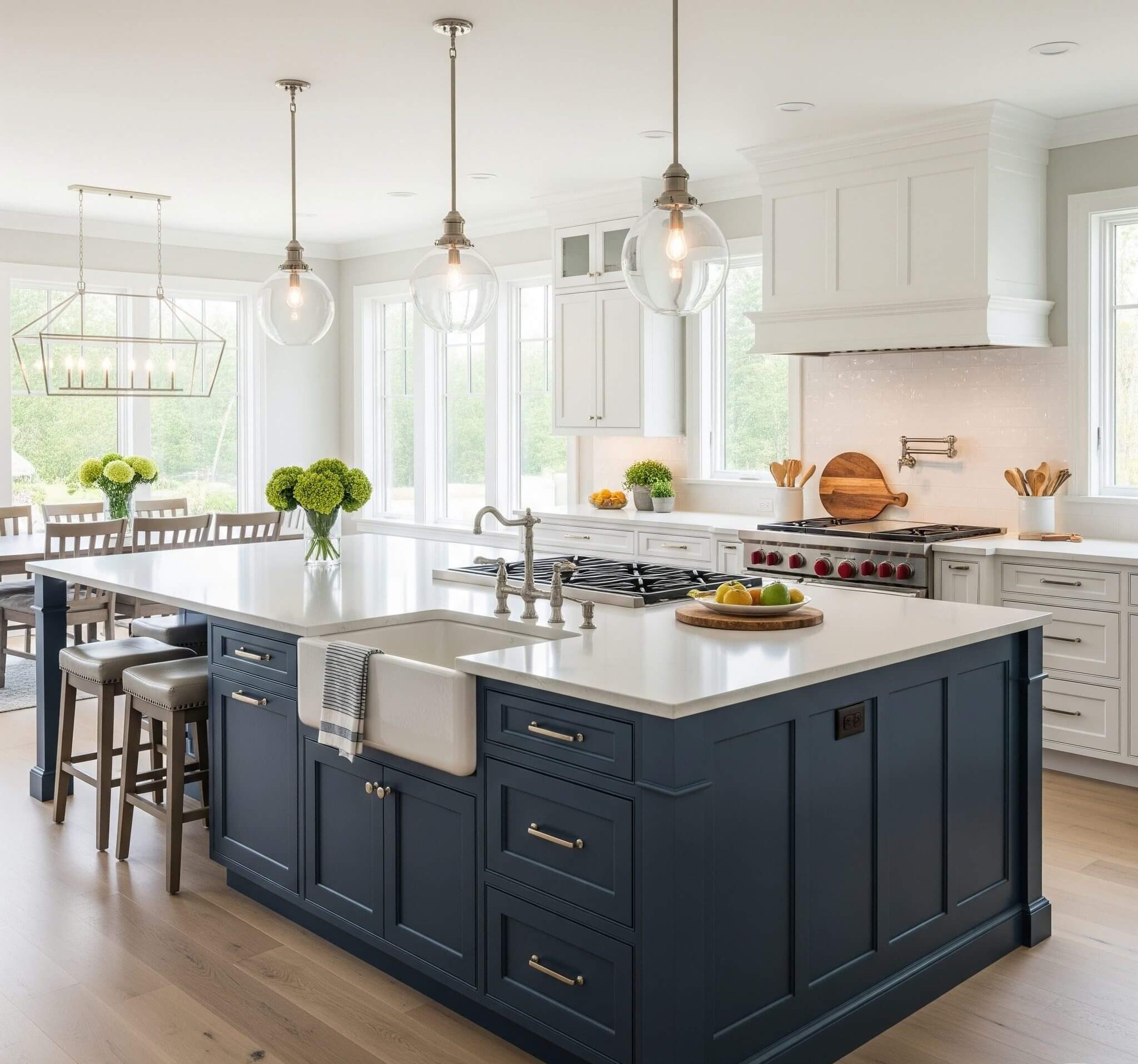 A modern custom kitchen island in a bright, open-concept kitchen. The island is large and rectangular with a quartz countertop, deep navy blue cabinets