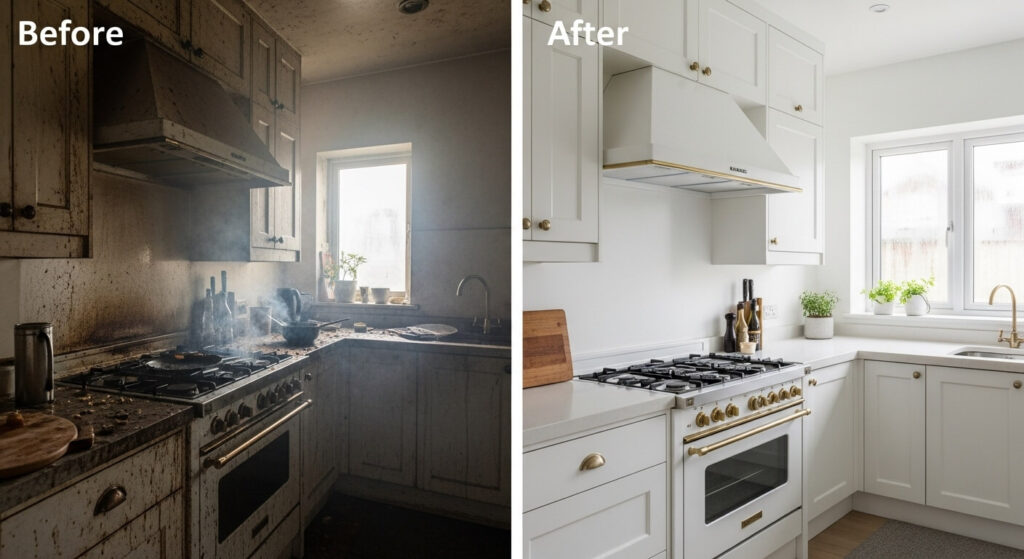 A before and after kitchen show without benefits of ventilation 