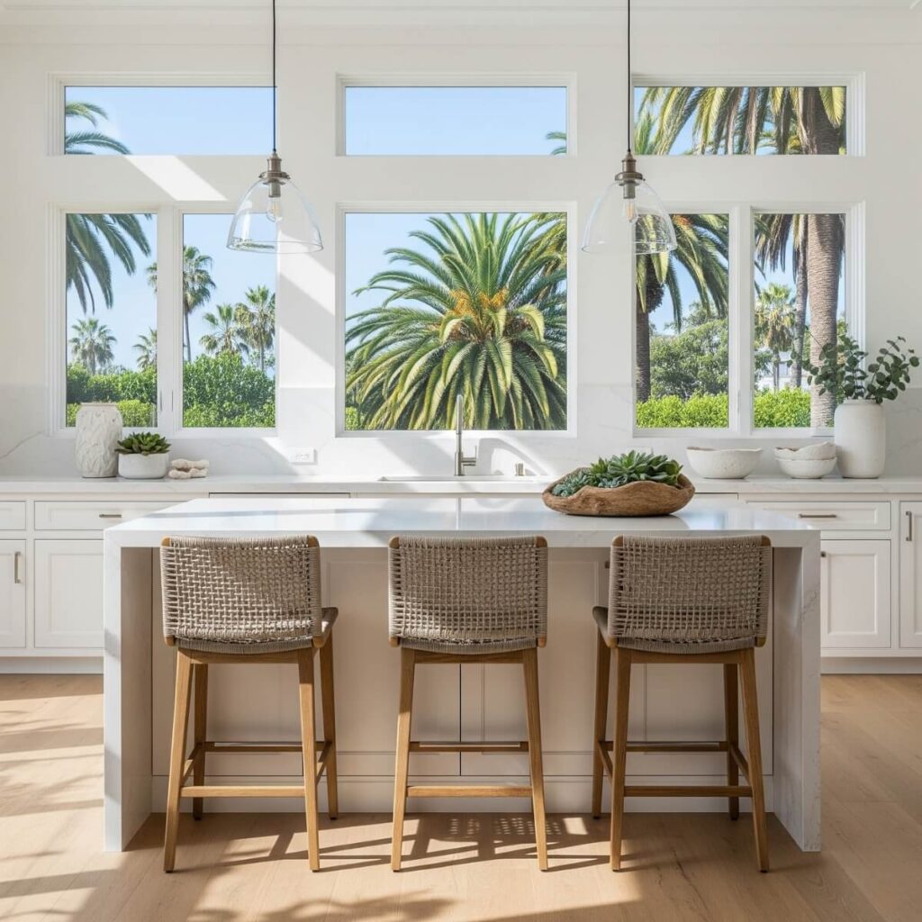 A Coastal Chic Kitchen with Backless design.
