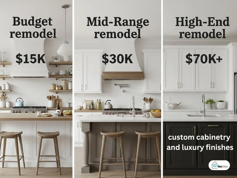 Comparison of budget, mid-range, and high-end kitchen remodel styles with cost ranges.