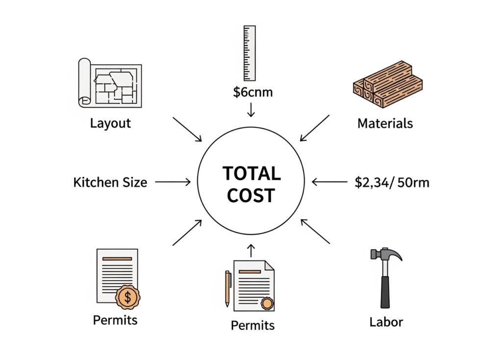 Icons representing size, materials, layout, permits, and labor as factors influencing kitchen remodeling costs.