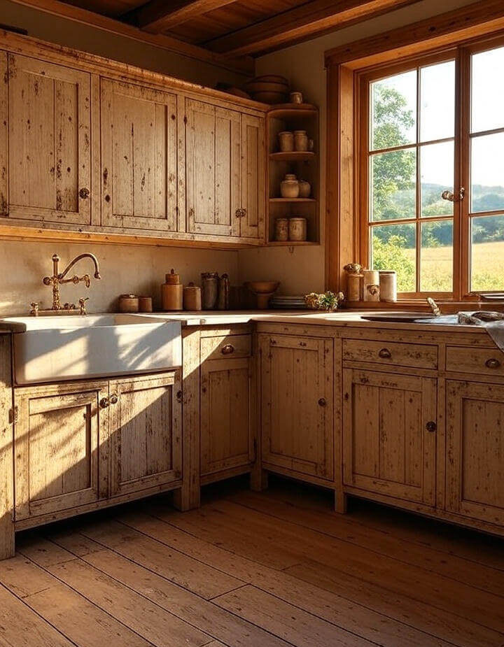 Cozy rustic farmhouse kitchen with distressed wooden cabinets, apron-front sink, and open shelves with ceramic jars, bathed in sunlight with a view of rolling fields.