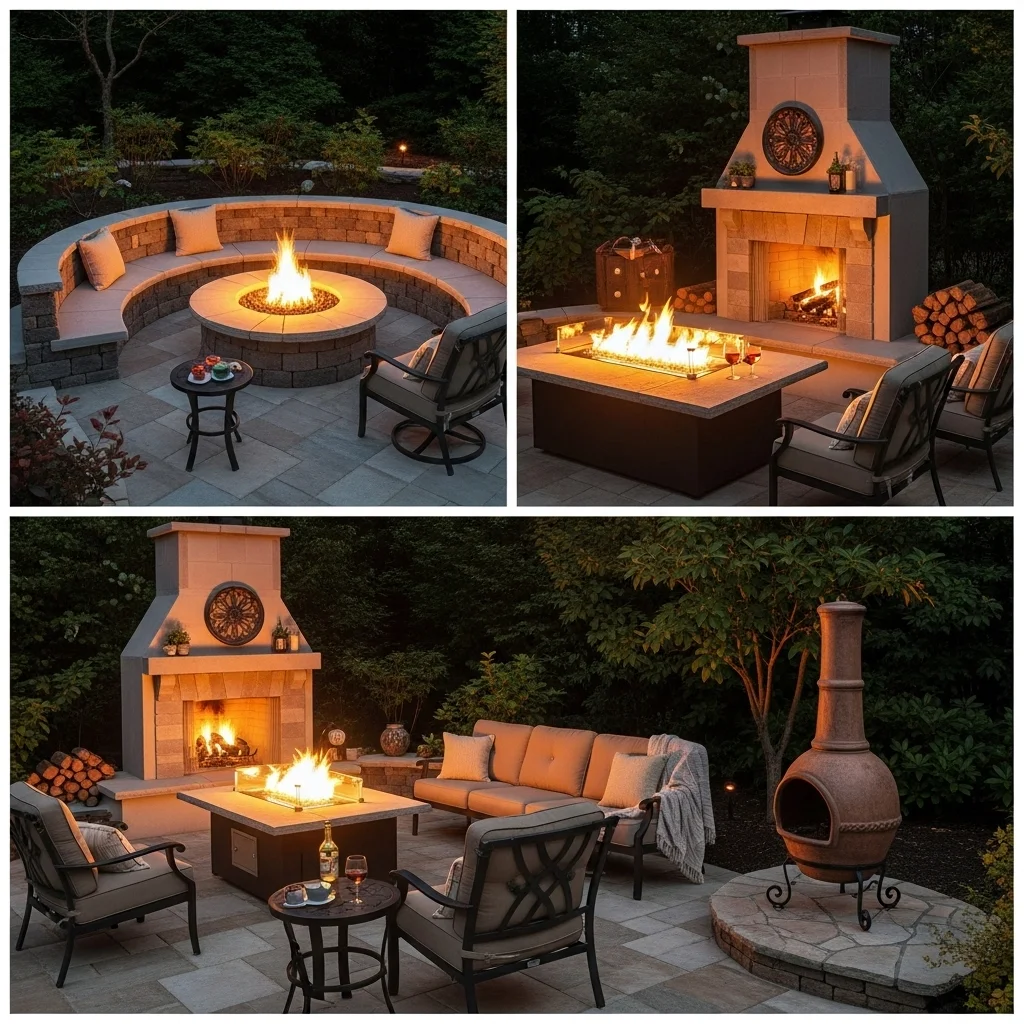 Outdoor space with fire pit, fire table, outdoor fireplace, and chimenea at sunset.