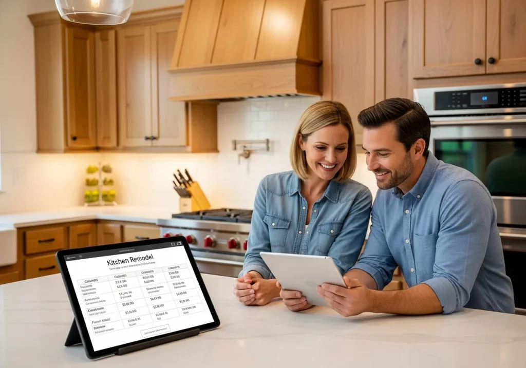 Homeowner and contractor reviewing a detailed kitchen remodeling quote on a tablet in a bright, modern kitchen with wood cabinets and quartz countertops.