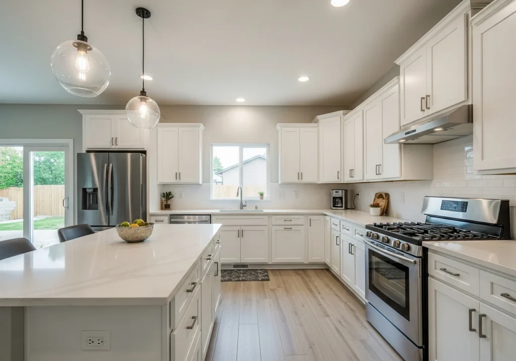 Bright remodeled kitchen with white cabinets, quartz countertops, and stainless steel appliances in Chula Vista.