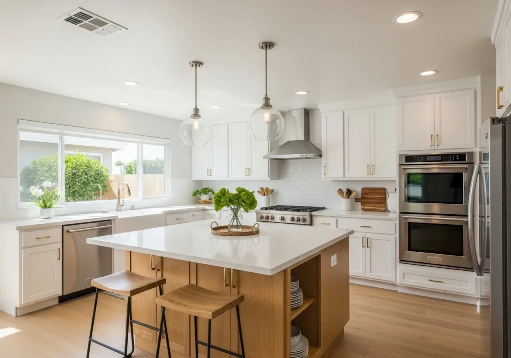 Modern open kitchen design with white cabinets and wood accents in a National City home.