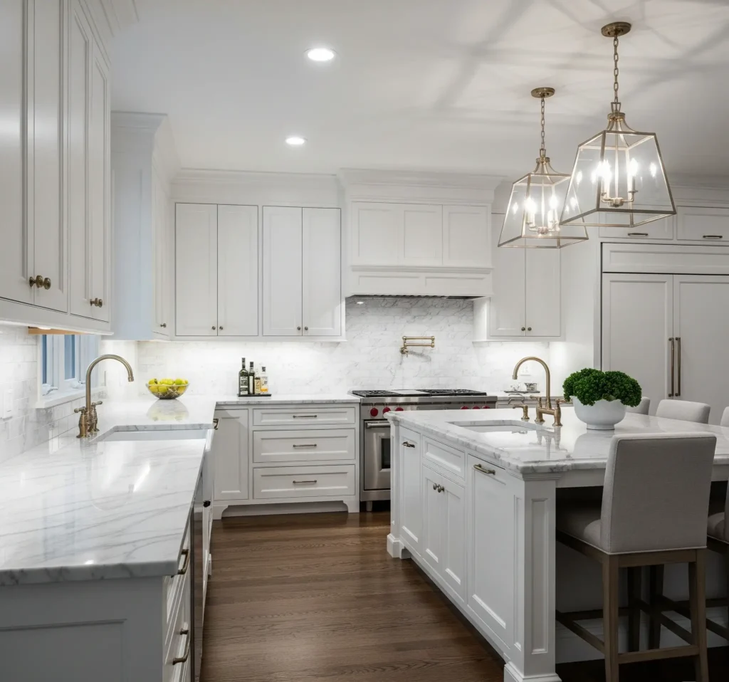 An elegant white kitchen with marble countertops, shaker cabinets, designer lighting, and brushed gold hardware.