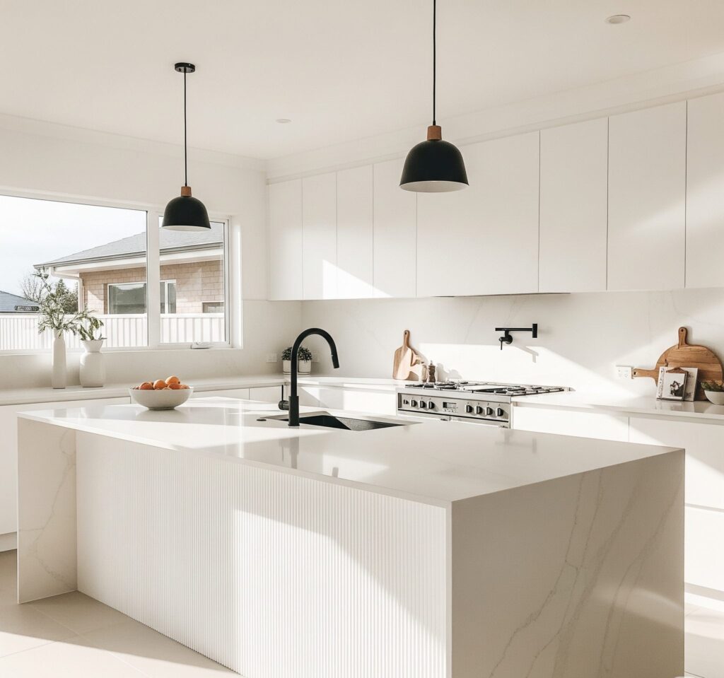 A Transitional style white kitchen classic and modern elements.
