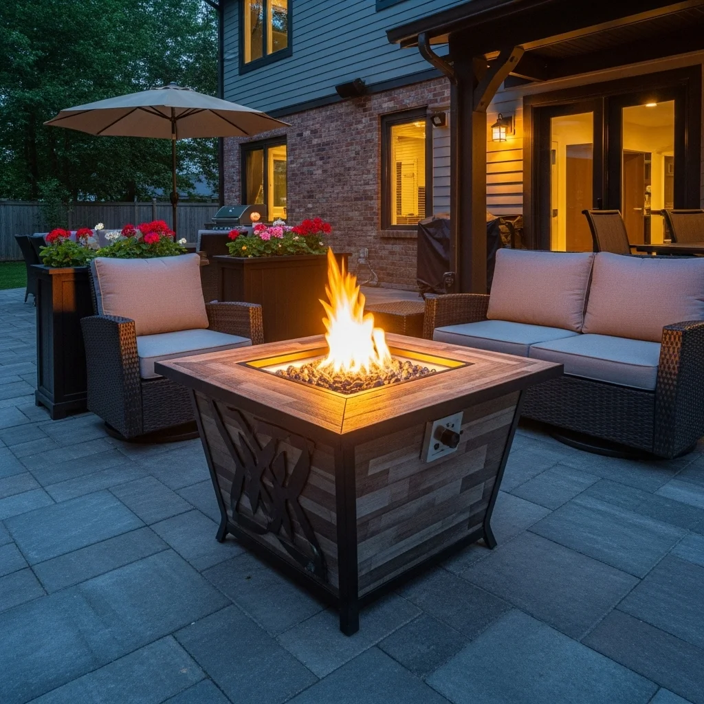A Propane Fire Pit in outdoor home area.