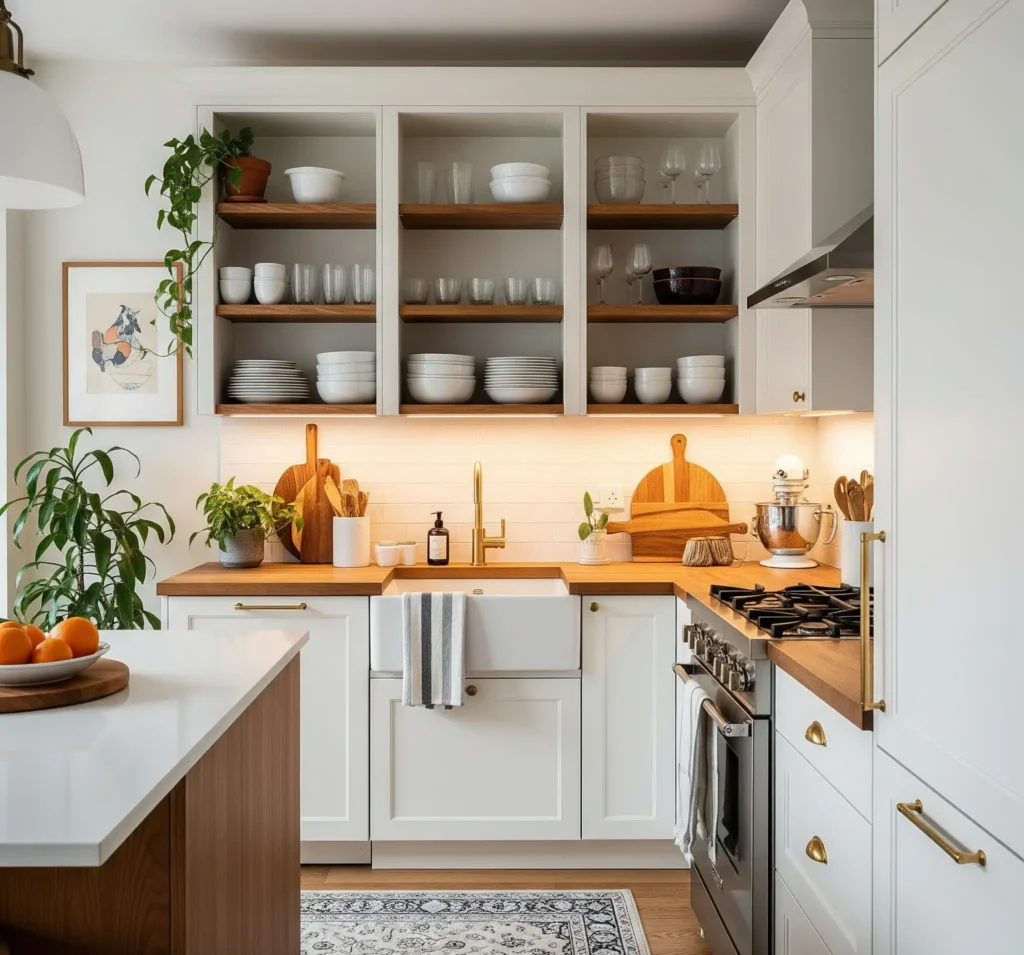 A compact L-shaped white kitchen with open shelving, soft wood accents, warm under-cabinet lighting, and brass hardware.