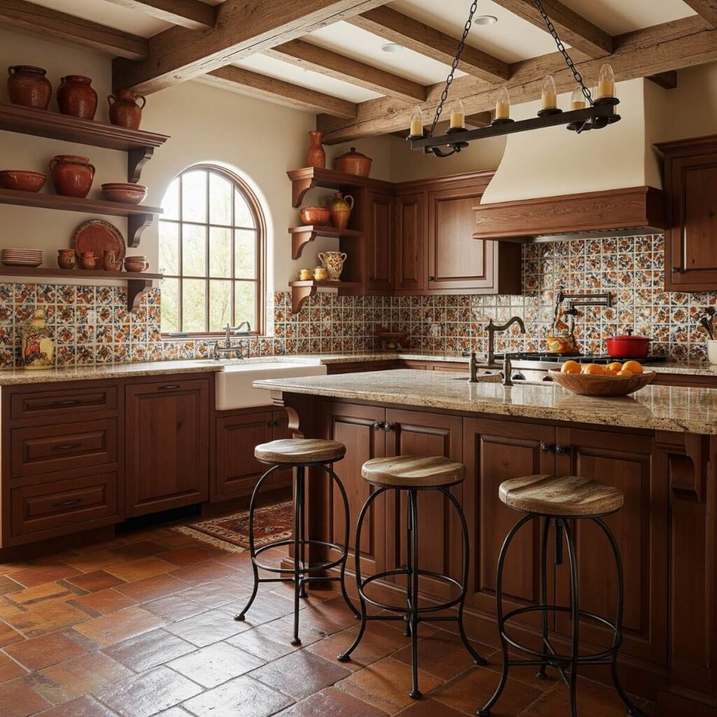 A Spanish Revival Kitchen with Rustic Stools design.