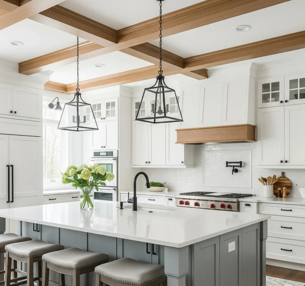 A Transitional style white kitchen with classic and modern elements