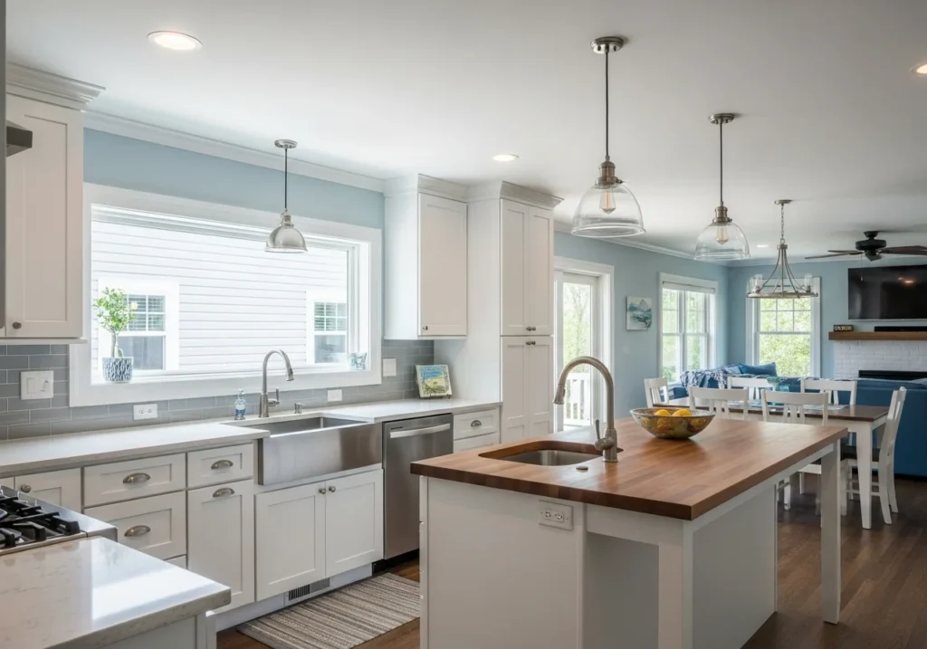 Bright, open layout with a coastal-inspired palette and quartz countertops.