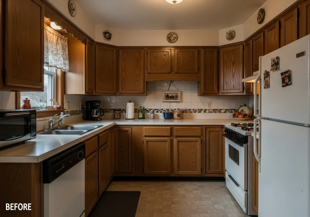 Outdated cabinetry and poor lighting created a cramped feel.