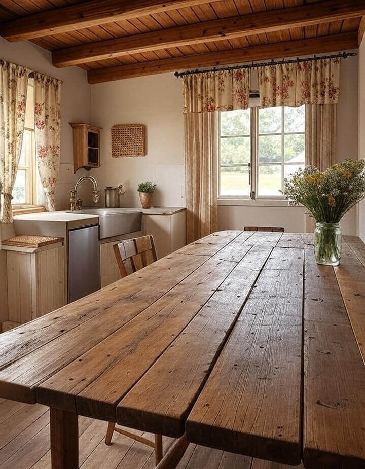 Rustic farmhouse kitchen with exposed wooden beams, reclaimed wood dining table, deep apron-front sink, vintage textures, and wildflowers in a mason jar on the countertop.