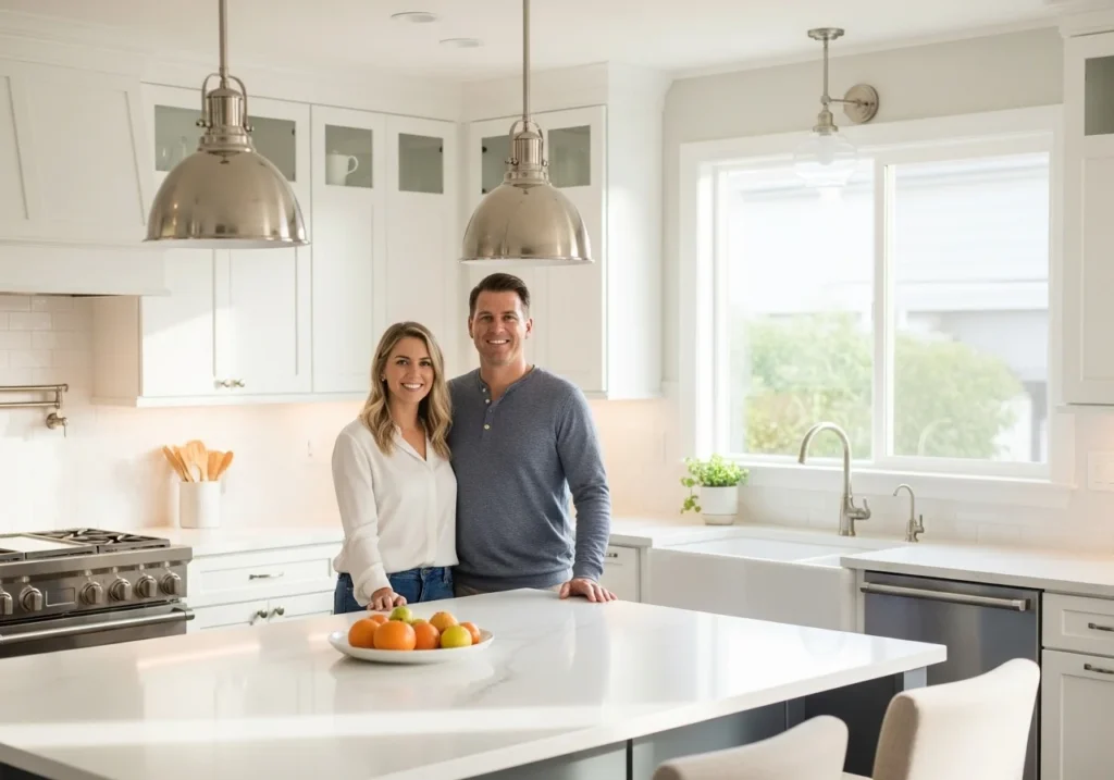 Happy homeowners standing in their bright, newly remodeled coastal kitchen with white shaker cabinets and a quartz island in Bonita, CA.