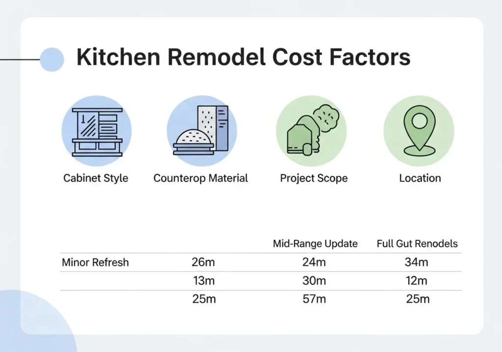 Infographic showing key kitchen remodeling cost factors with icons and a table of typical cost ranges and timelines for different remodel types on a clean white background.