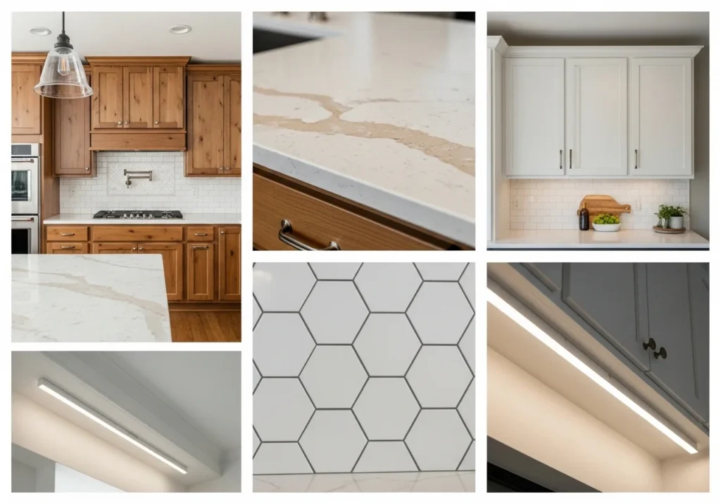 Collage of kitchen remodeling features including cabinetry, backsplash, and countertops in National City.