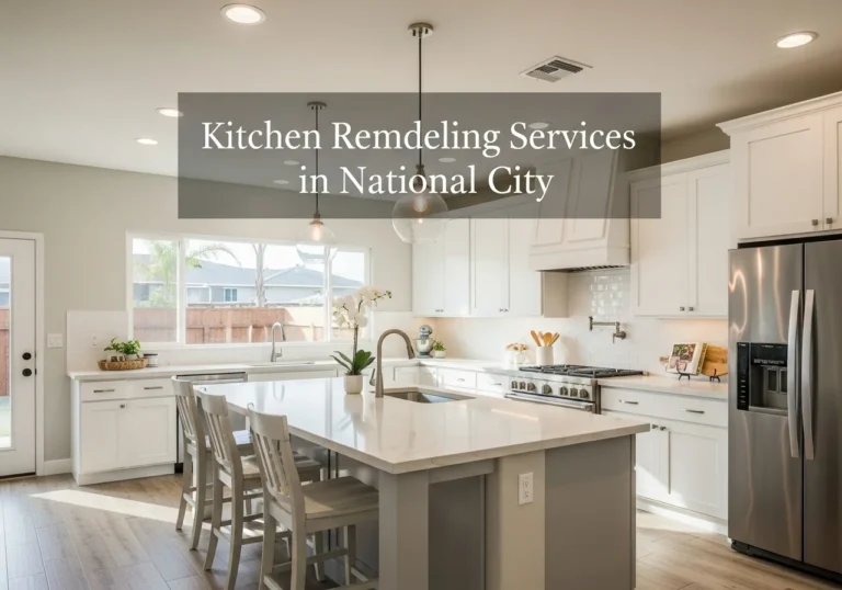 Modern remodeled kitchen in National City, CA with white cabinets, quartz island, and stainless-steel appliances.