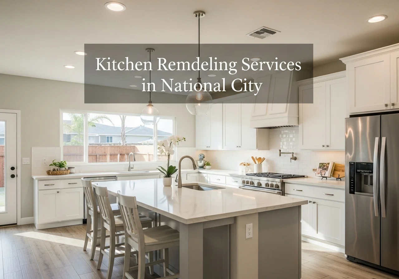 Modern remodeled kitchen in National City, CA with white cabinets, quartz island, and stainless-steel appliances.