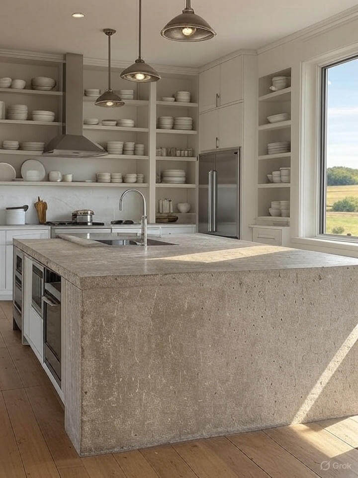Modern farmhouse kitchen with sleek white cabinetry, large stone island with built-in sink, stainless steel appliances, and minimalist open shelves with dishware, lit by industrial pendant lights.